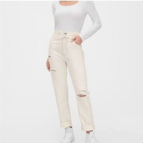 NWT Gap Boyfriend Draw Cord High Rise Distressed Jeans Paperbag Off White Sz 31P - Picture 4 of 15